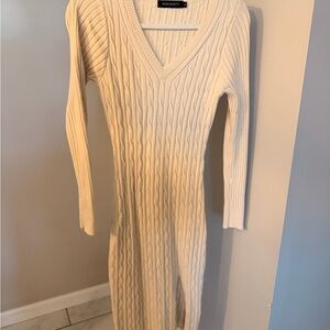 Elegant Cream Long Sleeve Knit Dress